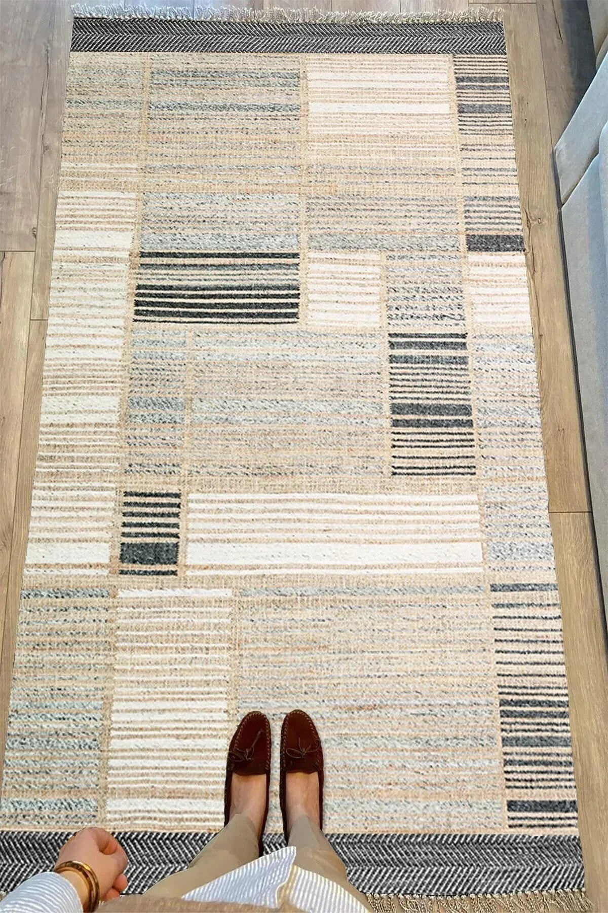 Cotton Serisi Hasır Görümlü Pachwork Eskitme Desenli Dekoratif Dokuma Taban Kilim - HALI VAGONU