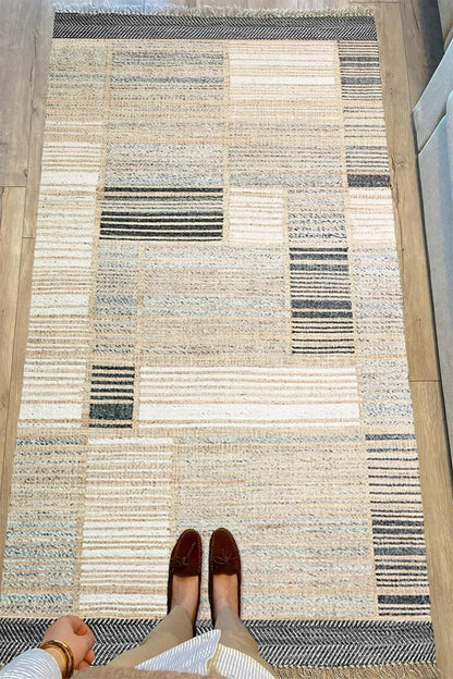 Cotton Serisi Hasır Görümlü Pachwork Eskitme Desenli Dekoratif Dokuma Taban Kilim - HALI VAGONU