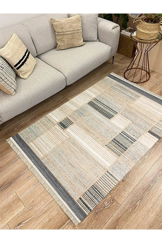Cotton Serisi Hasır Görümlü Pachwork Eskitme Desenli Dekoratif Dokuma Taban Kilim - HALI VAGONU