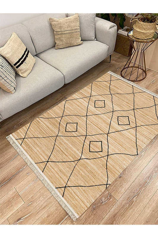 Cotton Serisi Hasır Görümülü Siyah Baklava Eskitme Otantik Desenli Dekoratif Dokuma Taban Kilim - HALI VAGONU