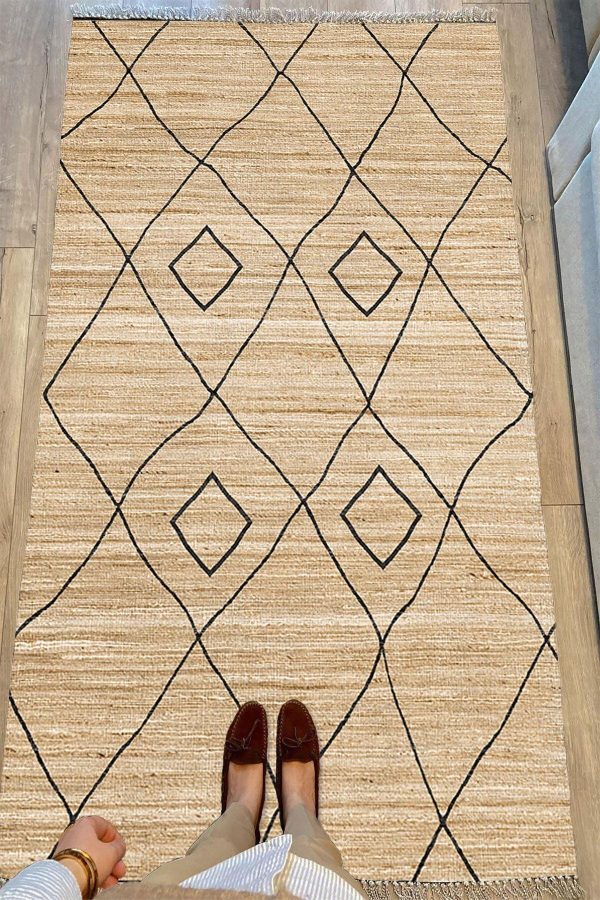 Cotton Serisi Hasır Görümülü Siyah Baklava Eskitme Otantik Desenli Dekoratif Dokuma Taban Kilim - HALI VAGONU