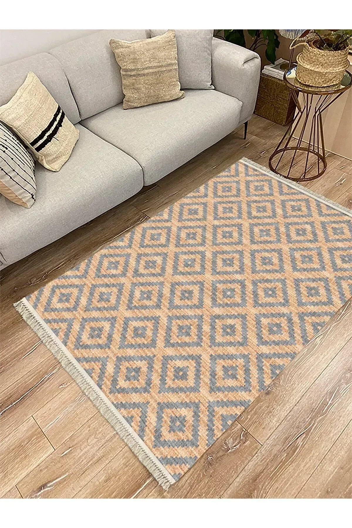 Cotton Serisi Hasır Görünümlü Çıtır Baklava Eskitme Desen Dekoratif Dokuma Taban Kilim - HALI VAGONU