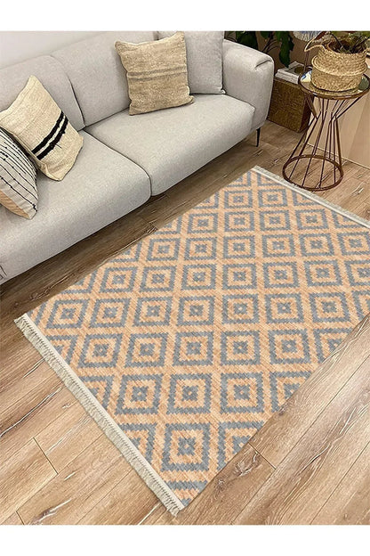 Cotton Serisi Hasır Görünümlü Çıtır Baklava Eskitme Desen Dekoratif Dokuma Taban Kilim - HALI VAGONU