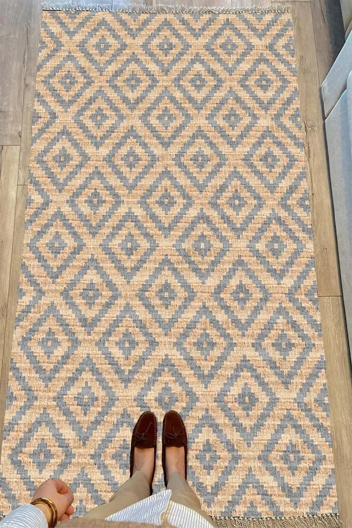 Cotton Serisi Hasır Görünümlü Çıtır Baklava Eskitme Desen Dekoratif Dokuma Taban Kilim - HALI VAGONU