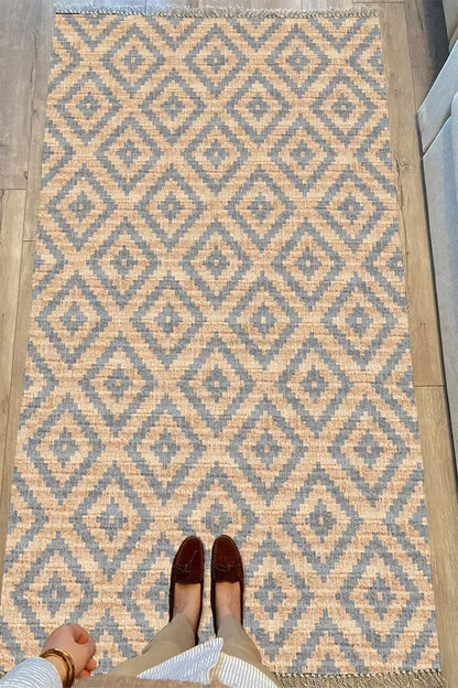 Cotton Serisi Hasır Görünümlü Çıtır Baklava Eskitme Desen Dekoratif Dokuma Taban Kilim - HALI VAGONU