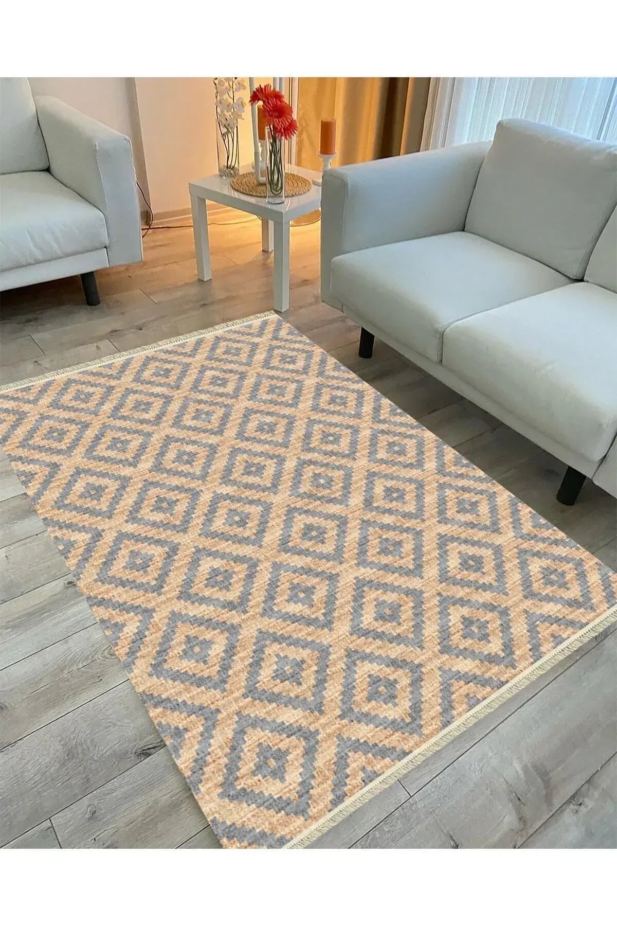 Cotton Serisi Hasır Görünümlü Çıtır Baklava Eskitme Desen Dekoratif Dokuma Taban Kilim - HALI VAGONU