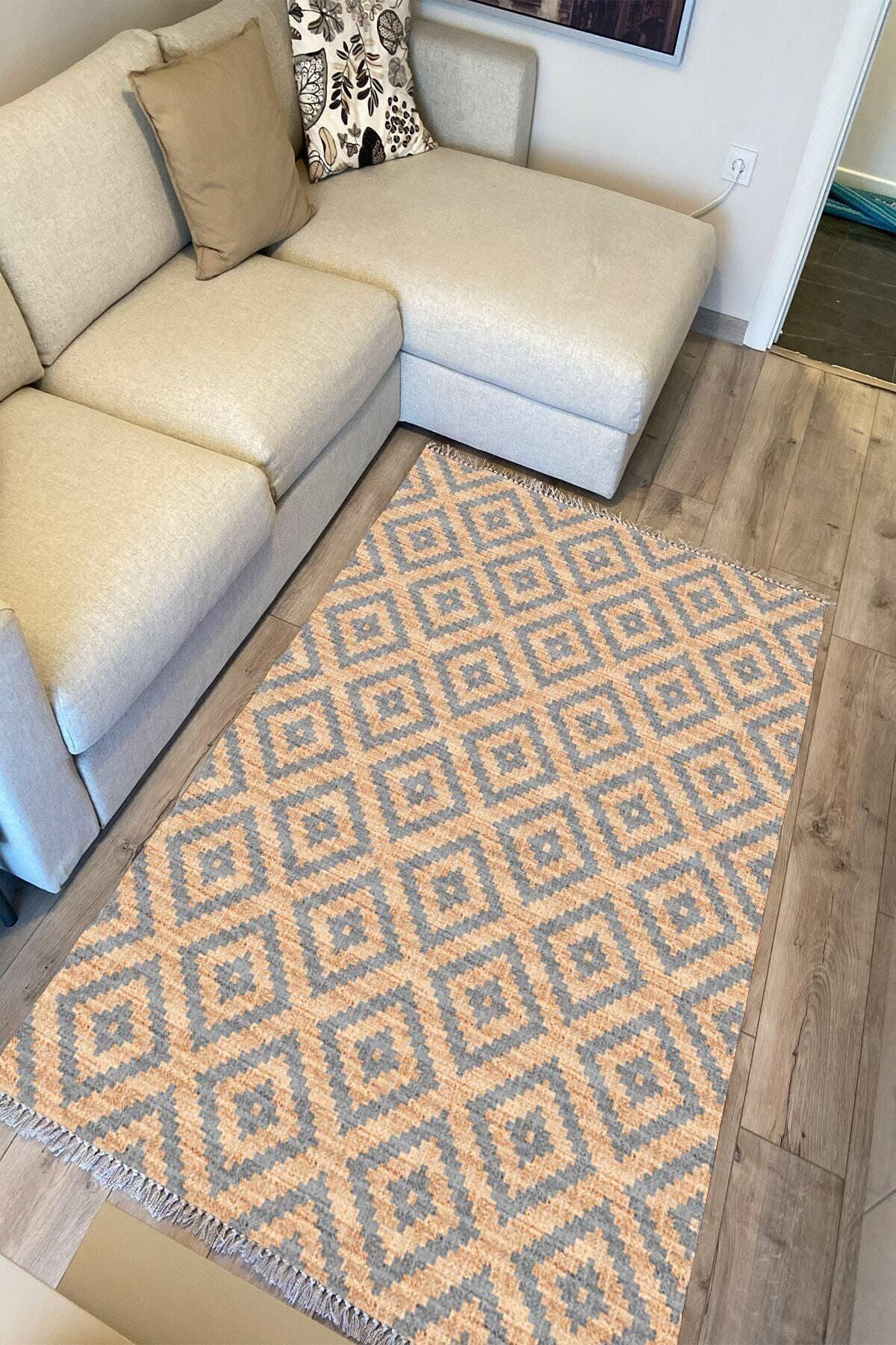 Cotton Serisi Hasır Görünümlü Çıtır Baklava Eskitme Desen Dekoratif Dokuma Taban Kilim - HALI VAGONU