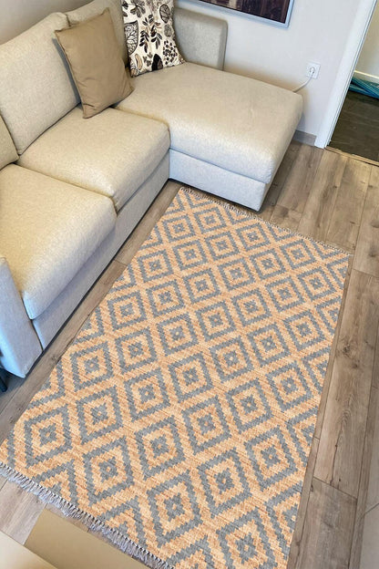 Cotton Serisi Hasır Görünümlü Çıtır Baklava Eskitme Desen Dekoratif Dokuma Taban Kilim - HALI VAGONU