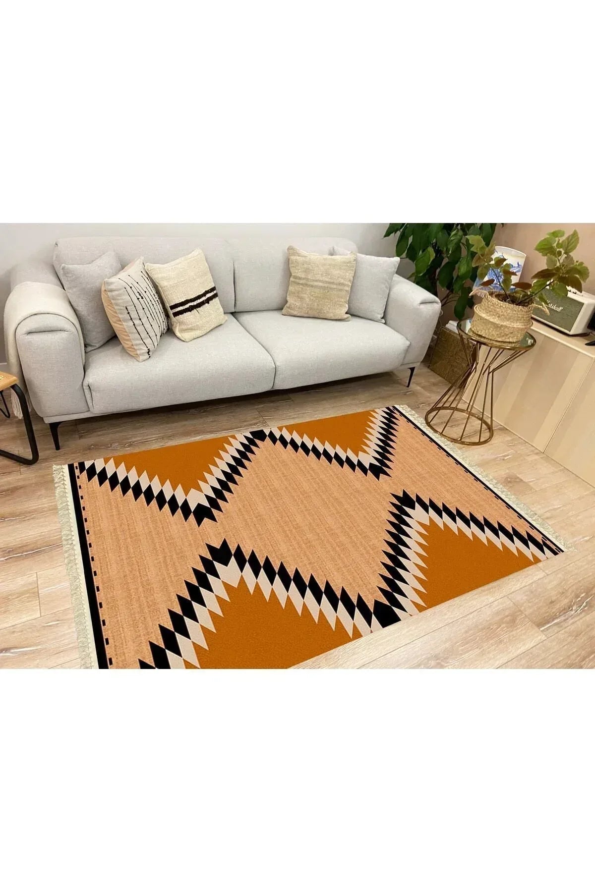 Cotton Serisi Hasır Görünümlü Geometrik Desen Dekoratif Dokuma Taban Kilim - HALI VAGONU