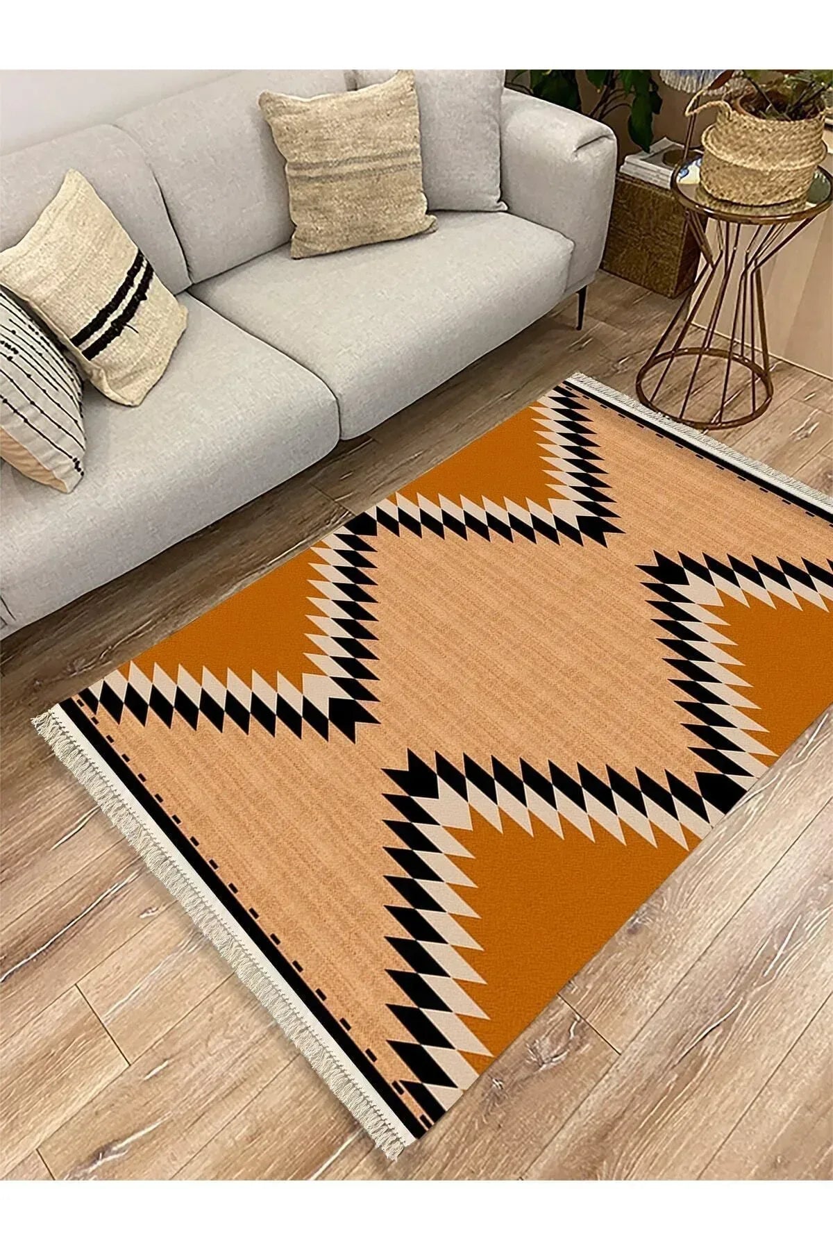 Cotton Serisi Hasır Görünümlü Geometrik Desen Dekoratif Dokuma Taban Kilim - HALI VAGONU