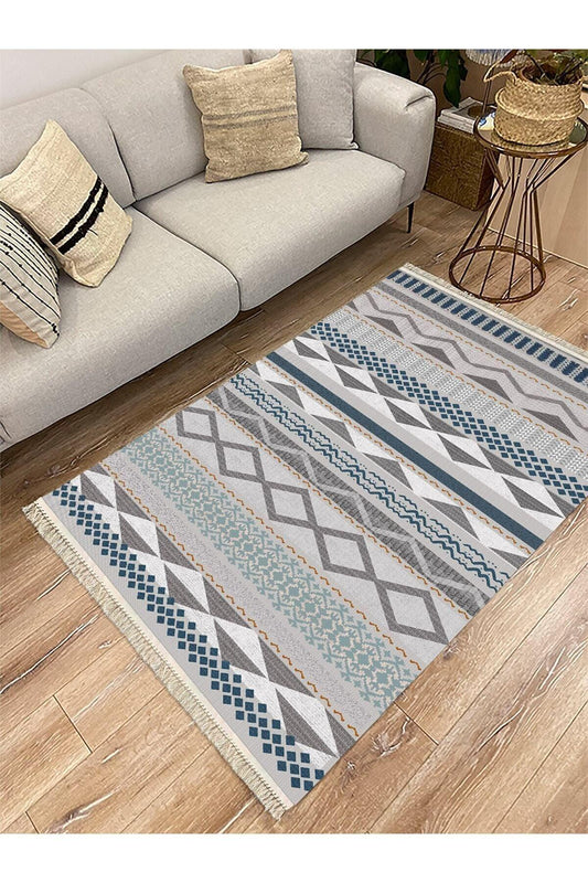 Cotton Serisi Hasır Görünümlü Gri Tonlarında Eskitme Etnik Desen Dekoratif Dokuma Taban Kilim - HALI VAGONU