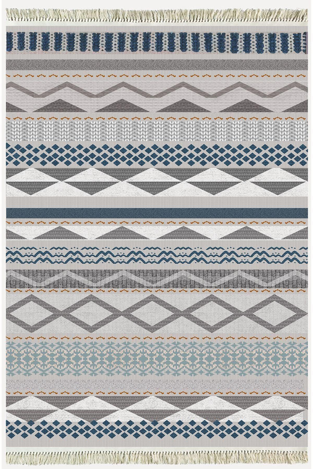 Cotton Serisi Hasır Görünümlü Gri Tonlarında Eskitme Etnik Desen Dekoratif Dokuma Taban Kilim - HALI VAGONU
