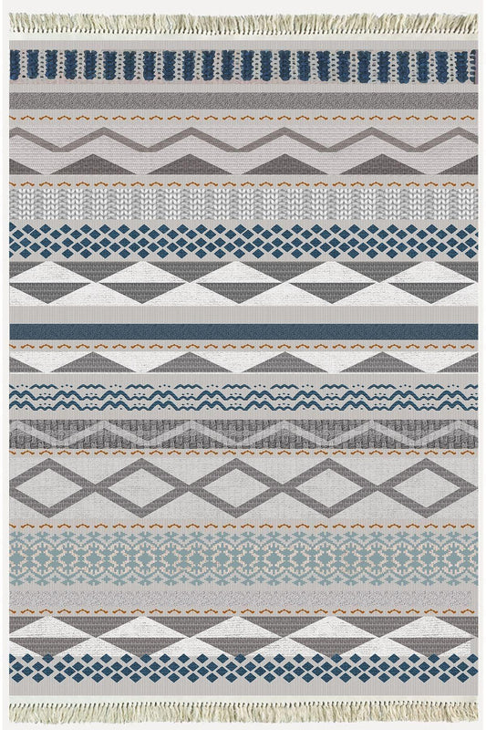 Cotton Serisi Hasır Görünümlü Gri Tonlarında Eskitme Etnik Desen Dekoratif Dokuma Taban Kilim - HALI VAGONU