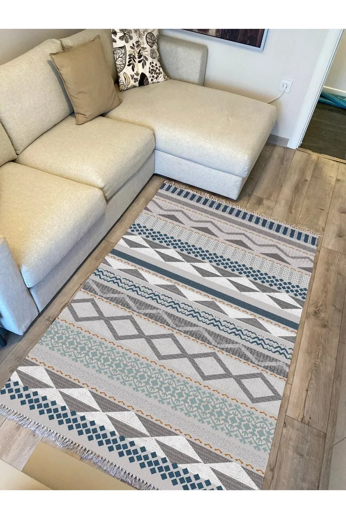 Cotton Serisi Hasır Görünümlü Gri Tonlarında Eskitme Etnik Desen Dekoratif Dokuma Taban Kilim - HALI VAGONU