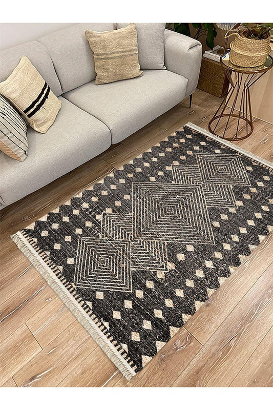 Cotton Serisi Hasır Görünümlü Iç Içe Kareler Eskitme Etnik Desen Dekoratif Dokuma Taban Kilim - HALI VAGONU