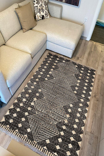 Cotton Serisi Hasır Görünümlü Iç Içe Kareler Eskitme Etnik Desen Dekoratif Dokuma Taban Kilim - HALI VAGONU