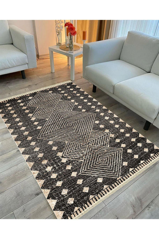 Cotton Serisi Hasır Görünümlü Iç Içe Kareler Eskitme Etnik Desen Dekoratif Dokuma Taban Kilim - HALI VAGONU