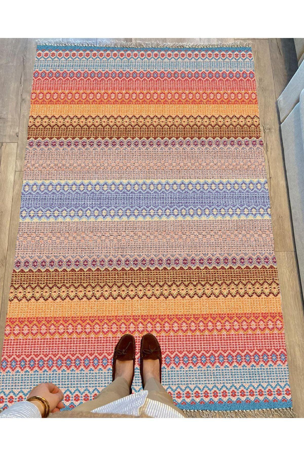Cotton Serisi Hasır Görünümlü Multy Tonlarında Modern Desen Dekoratif Dokuma Taban Kilim - HALI VAGONU