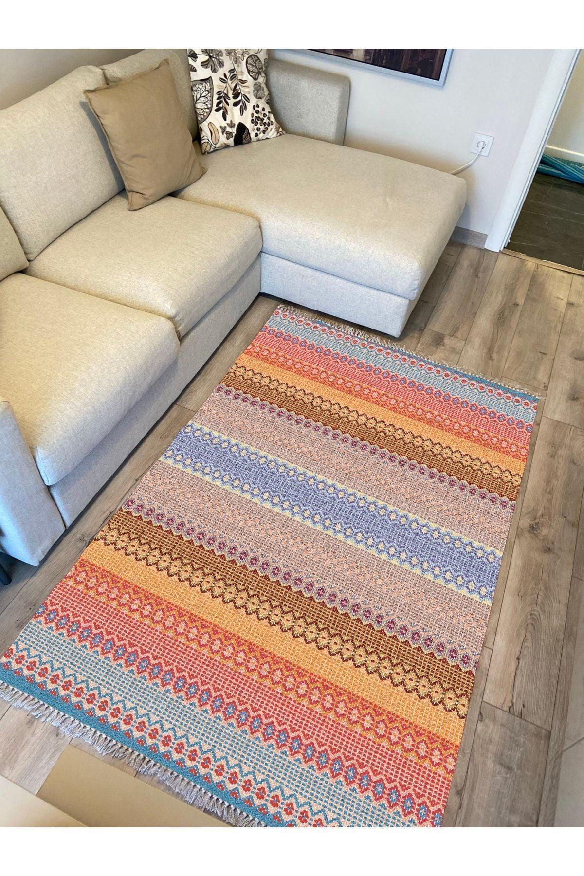 Cotton Serisi Hasır Görünümlü Multy Tonlarında Modern Desen Dekoratif Dokuma Taban Kilim - HALI VAGONU
