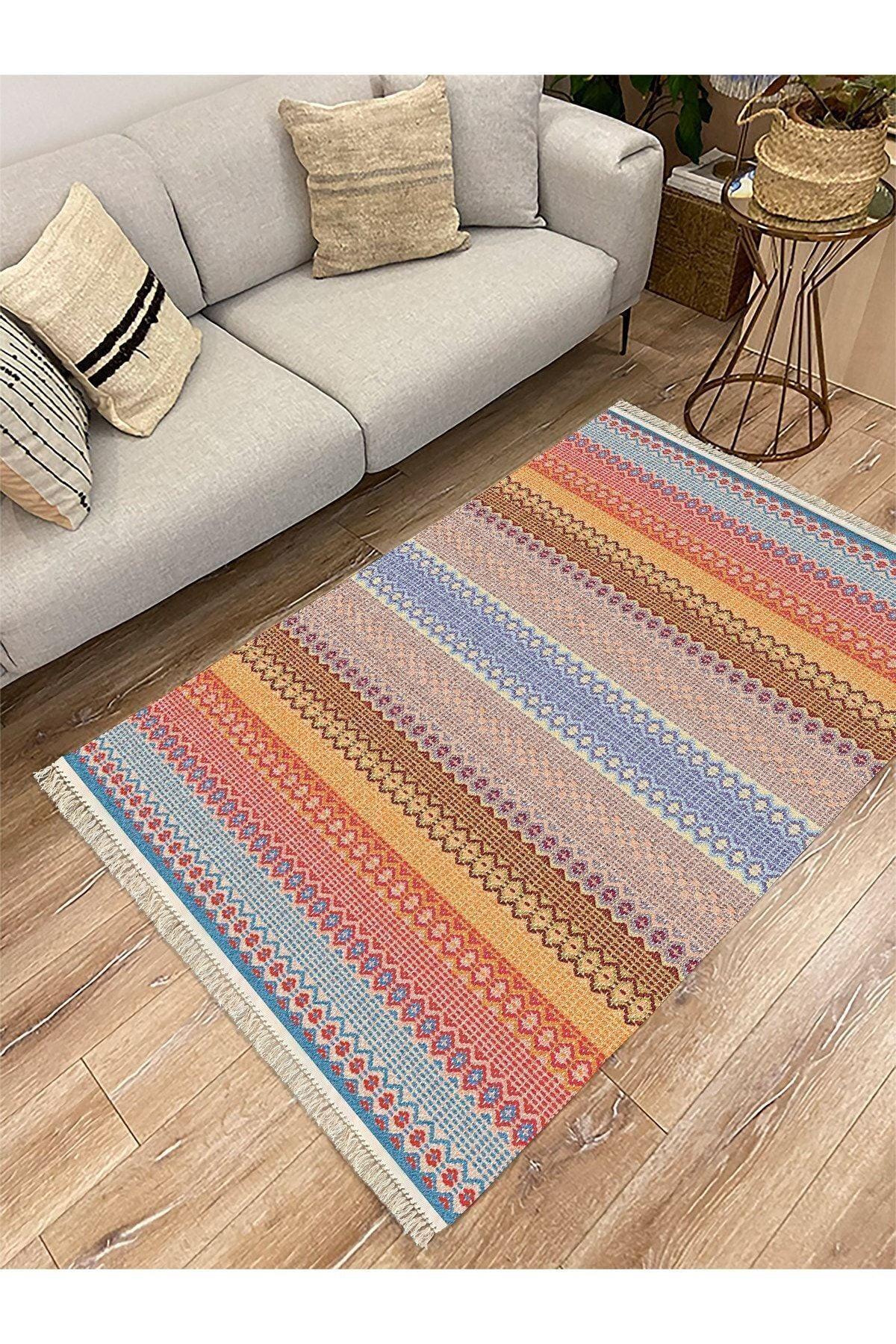 Cotton Serisi Hasır Görünümlü Multy Tonlarında Modern Desen Dekoratif Dokuma Taban Kilim - HALI VAGONU