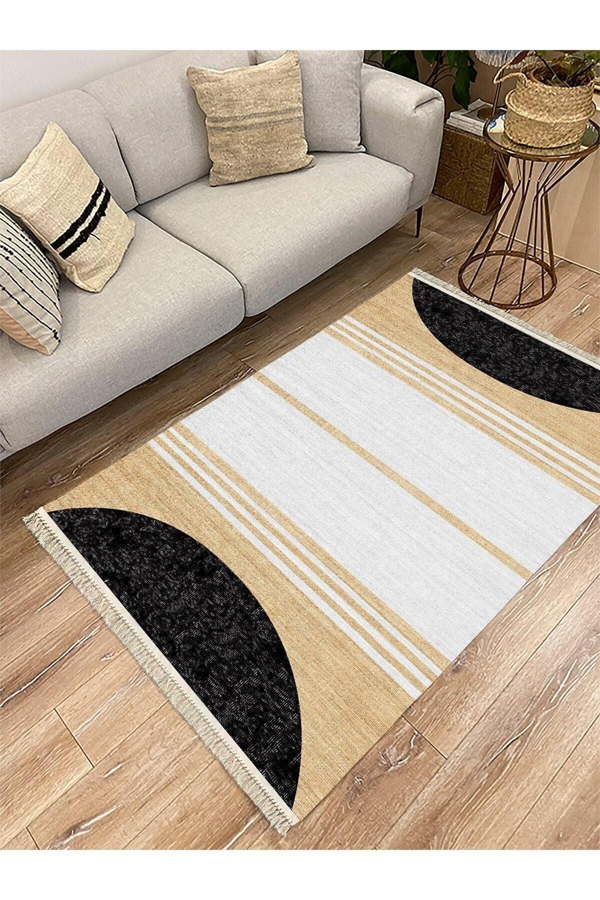 Cotton Serisi Hasır Görünümlü Siyah Beyaz Modern Desen Dekoratif Dokuma Taban Kilim - HALI VAGONU