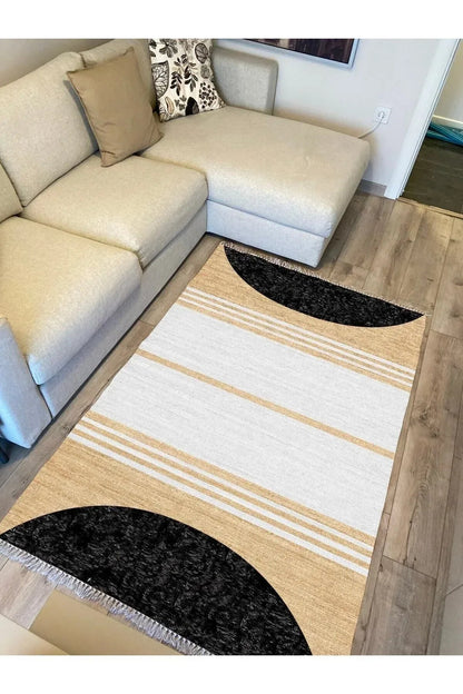 Cotton Serisi Hasır Görünümlü Siyah Beyaz Modern Desen Dekoratif Dokuma Taban Kilim - HALI VAGONU