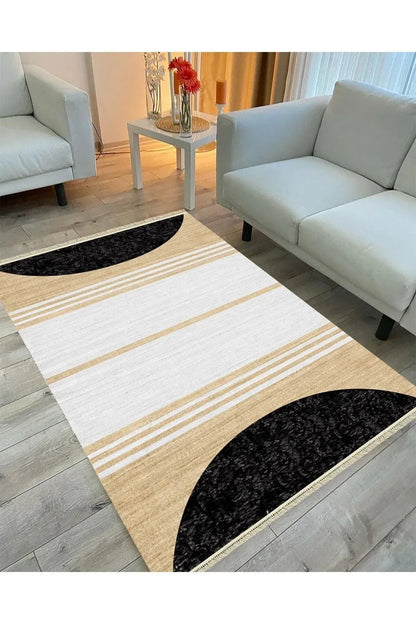 Cotton Serisi Hasır Görünümlü Siyah Beyaz Modern Desen Dekoratif Dokuma Taban Kilim - HALI VAGONU