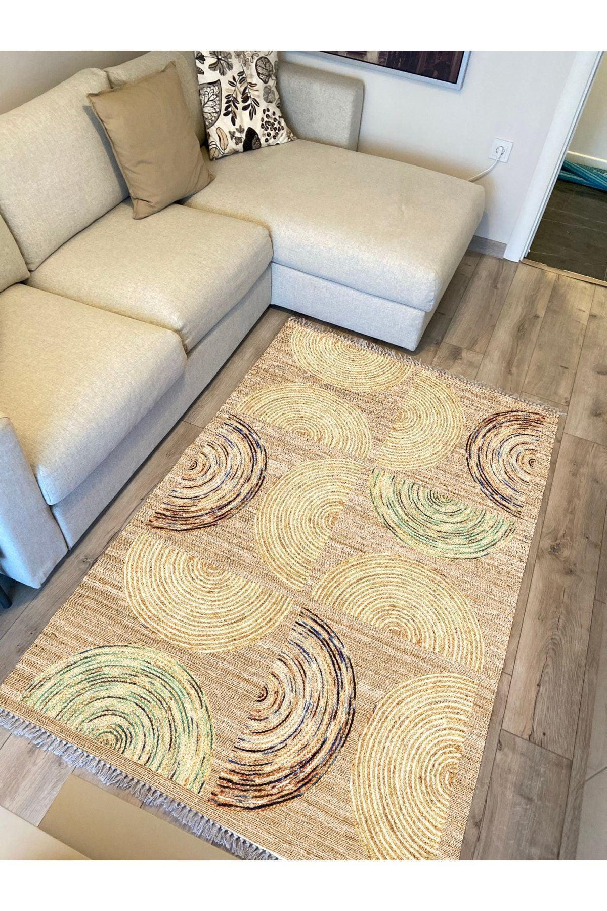 Cotton Serisi Hasır Görünümlü Yarım Daire Görünümlü Modern Desen Dekoratif Dokuma Taban Kilim - HALI VAGONU