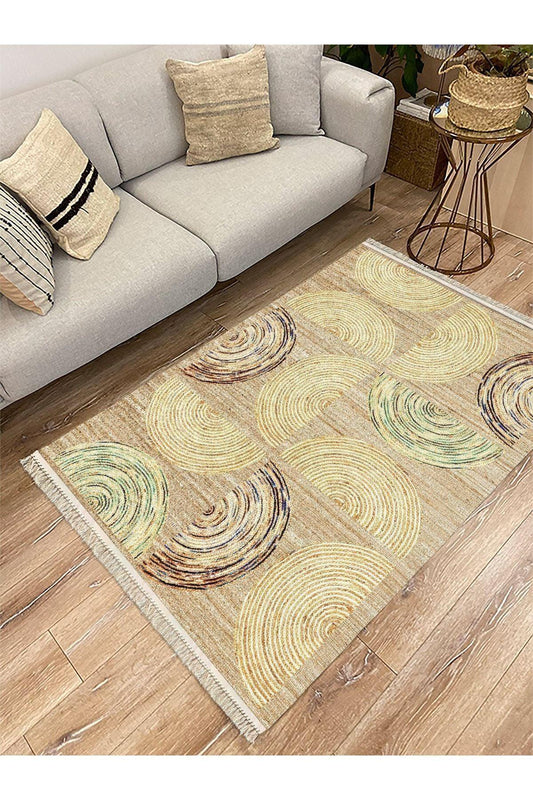 Cotton Serisi Hasır Görünümlü Yarım Daire Görünümlü Modern Desen Dekoratif Dokuma Taban Kilim - HALI VAGONU