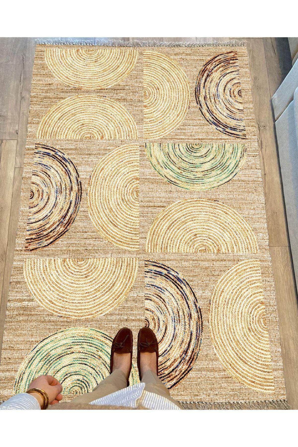 Cotton Serisi Hasır Görünümlü Yarım Daire Görünümlü Modern Desen Dekoratif Dokuma Taban Kilim - HALI VAGONU
