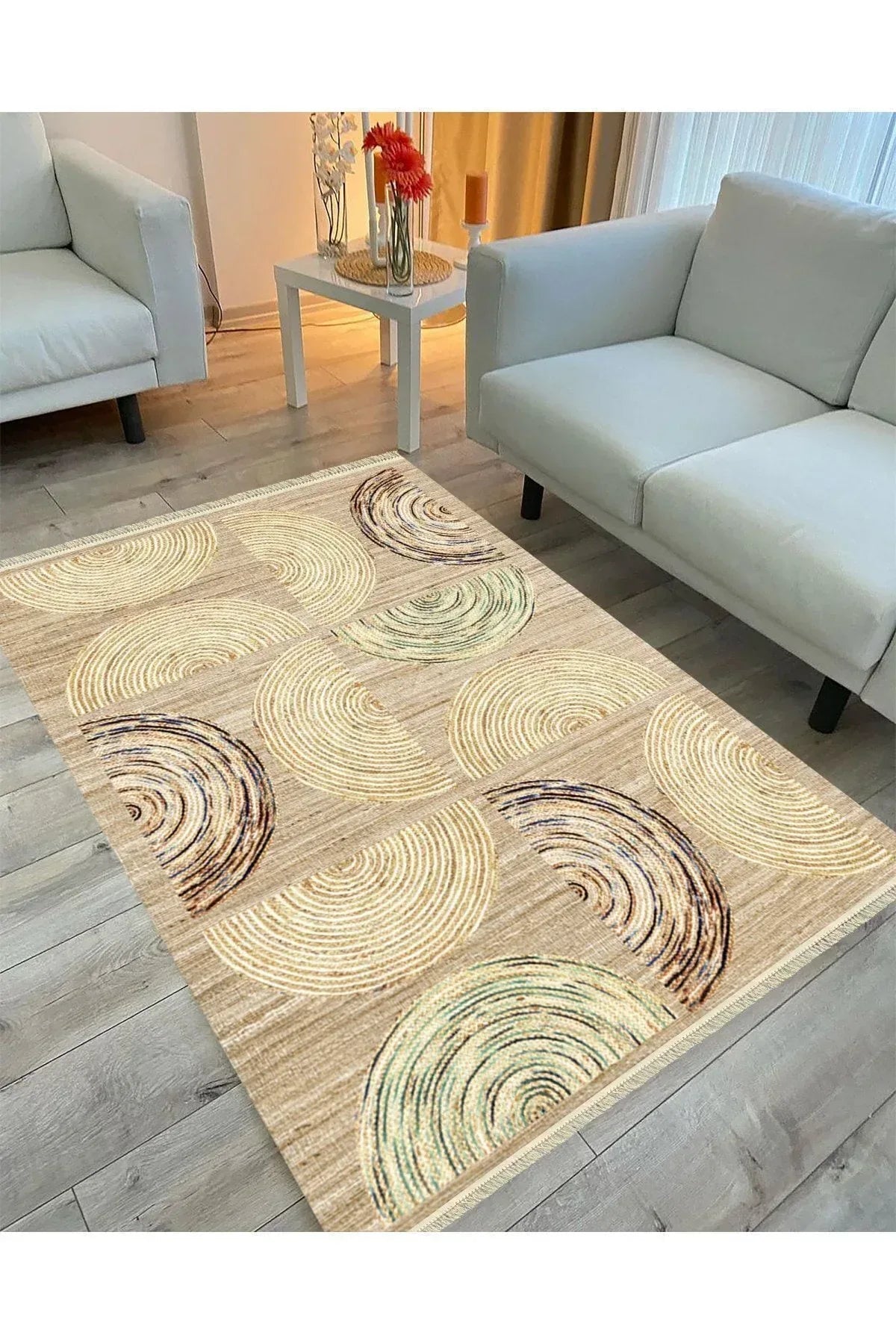 Cotton Serisi Hasır Görünümlü Yarım Daire Görünümlü Modern Desen Dekoratif Dokuma Taban Kilim - HALI VAGONU