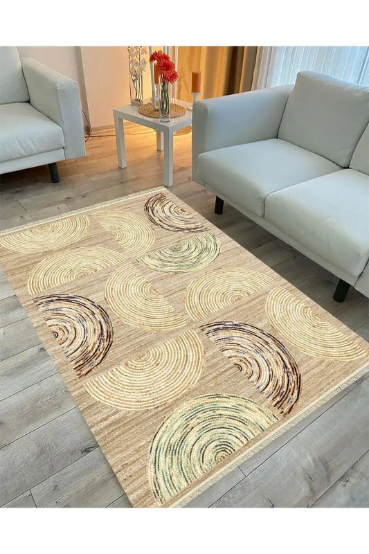 Cotton Serisi Hasır Görünümlü Yarım Daire Görünümlü Modern Desen Dekoratif Dokuma Taban Kilim - HALI VAGONU