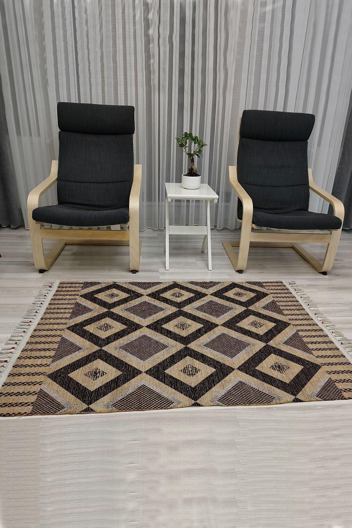 Cotton Serisi Kahve Tonları Üçgen Geometrik Desenli Dekoratif Dokuma Taban Kilim - HALI VAGONU