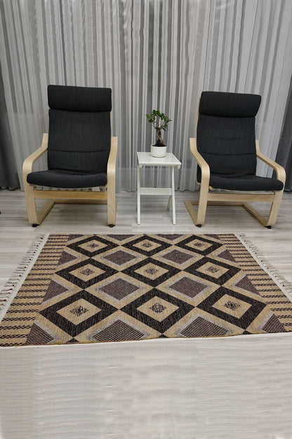 Cotton Serisi Kahve Tonları Üçgen Geometrik Desenli Dekoratif Dokuma Taban Kilim - HALI VAGONU