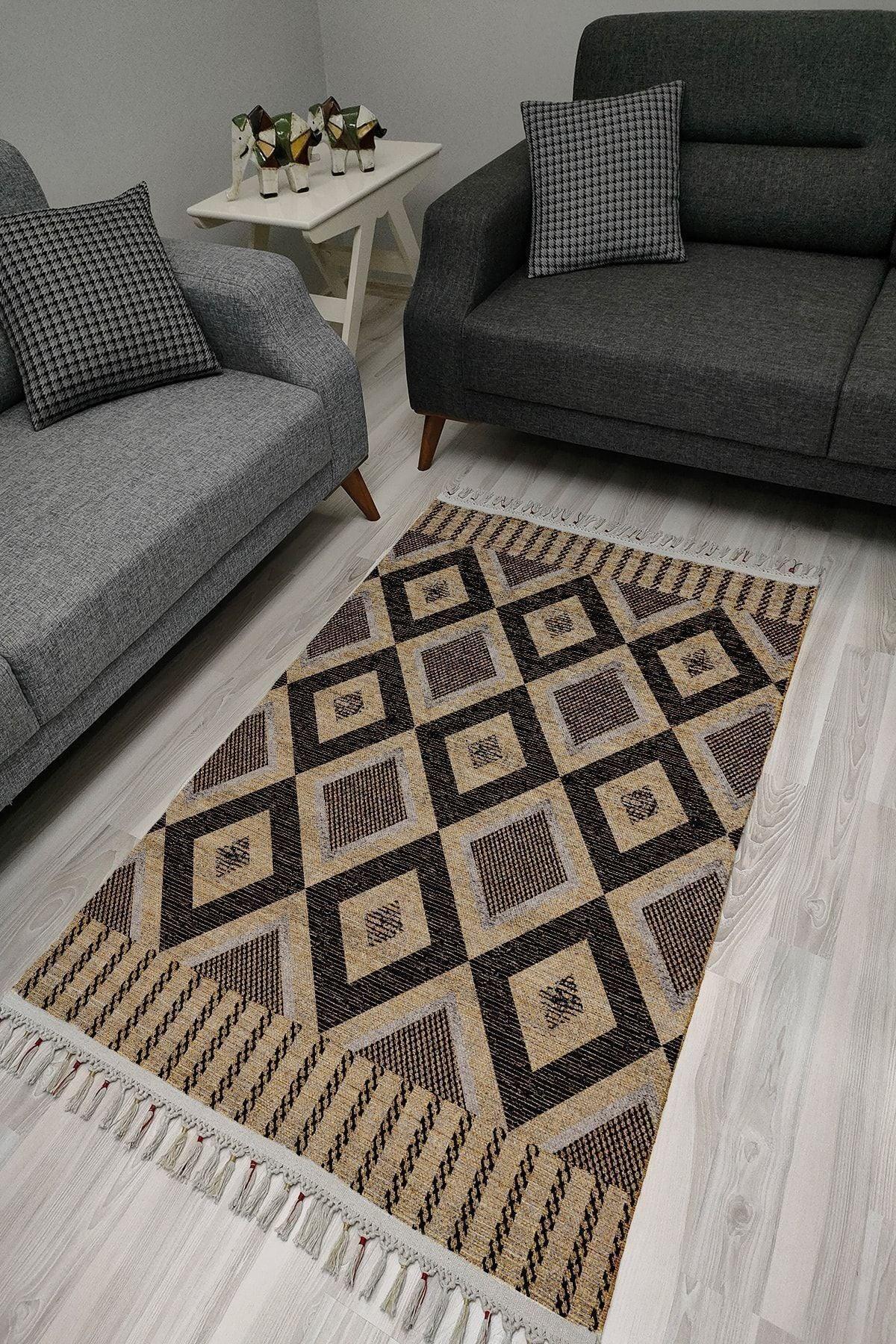 Cotton Serisi Kahve Tonları Üçgen Geometrik Desenli Dekoratif Dokuma Taban Kilim - HALI VAGONU