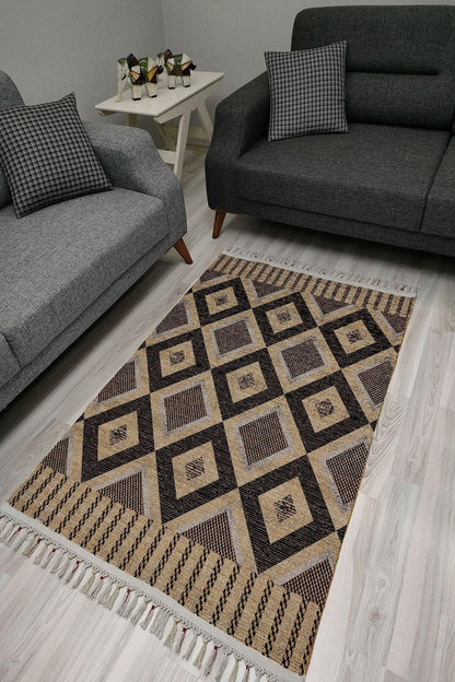 Cotton Serisi Kahve Tonları Üçgen Geometrik Desenli Dekoratif Dokuma Taban Kilim - HALI VAGONU