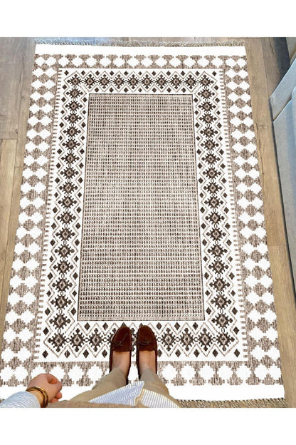 Cotton Serisi Kahve Tonlarında Antika Eskitme Desen Dekoratif Dokuma Taban Kilim - HALI VAGONU