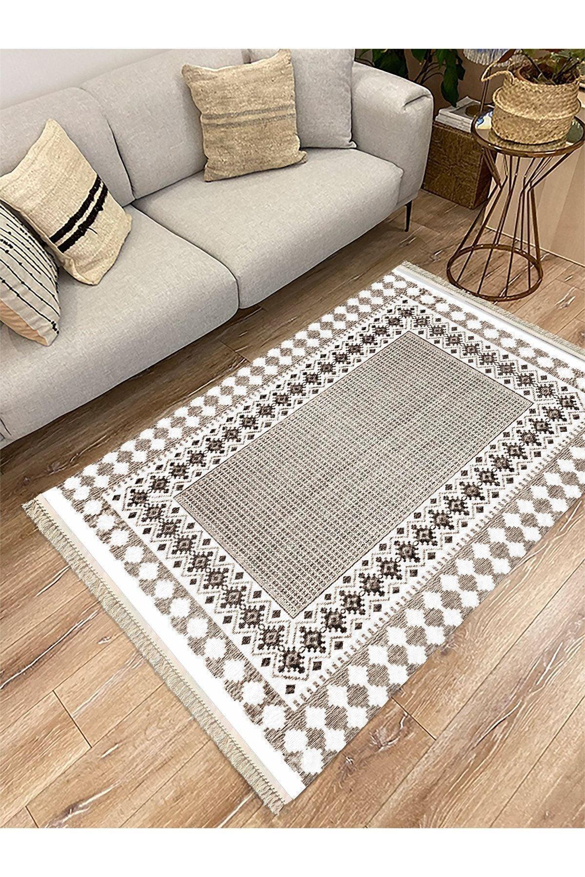 Cotton Serisi Kahve Tonlarında Antika Eskitme Desen Dekoratif Dokuma Taban Kilim - HALI VAGONU