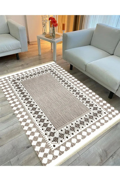 Cotton Serisi Kahve Tonlarında Antika Eskitme Desen Dekoratif Dokuma Taban Kilim - HALI VAGONU