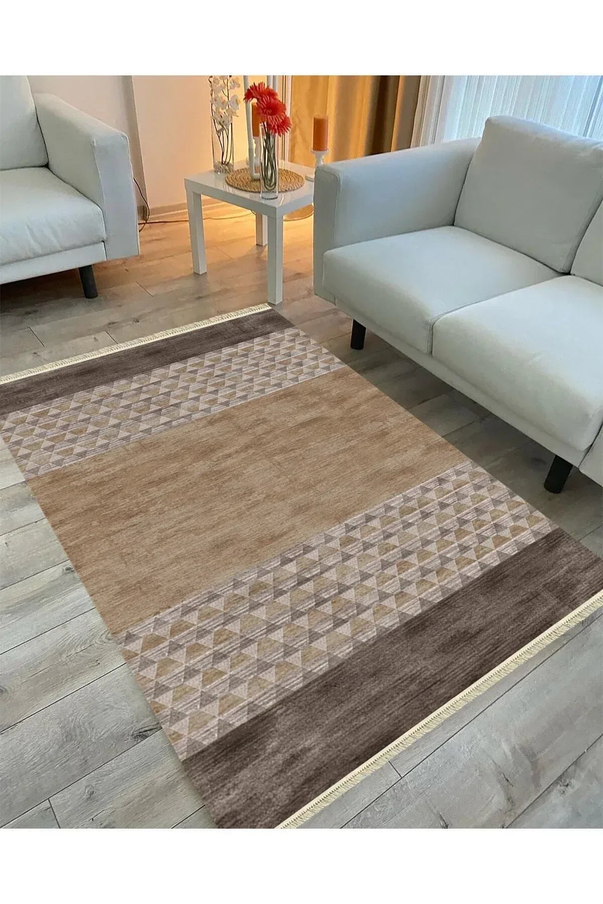Cotton Serisi Kahve Tonlarında Baklava Eskitme Otantik Desenli Dekoratif Dokuma Taban Kilim - HALI VAGONU