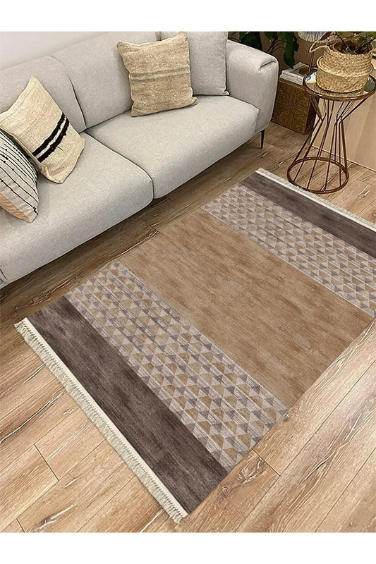 Cotton Serisi Kahve Tonlarında Baklava Eskitme Otantik Desenli Dekoratif Dokuma Taban Kilim - HALI VAGONU