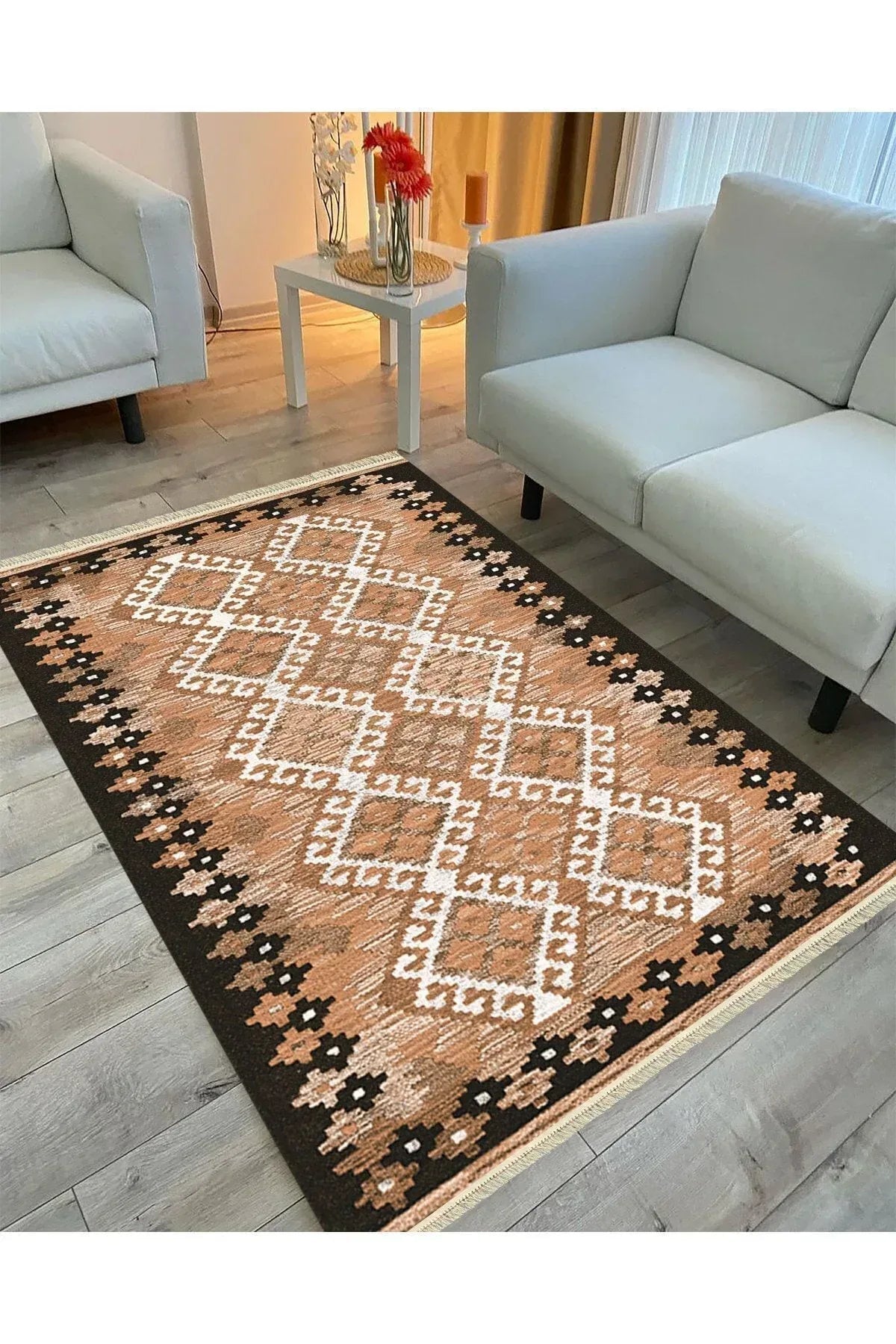 Cotton Serisi Kahve Tonlarında Bordürlü Baklava Eskitme Desen Dekoratif Dokuma Taban Kilim - HALI VAGONU