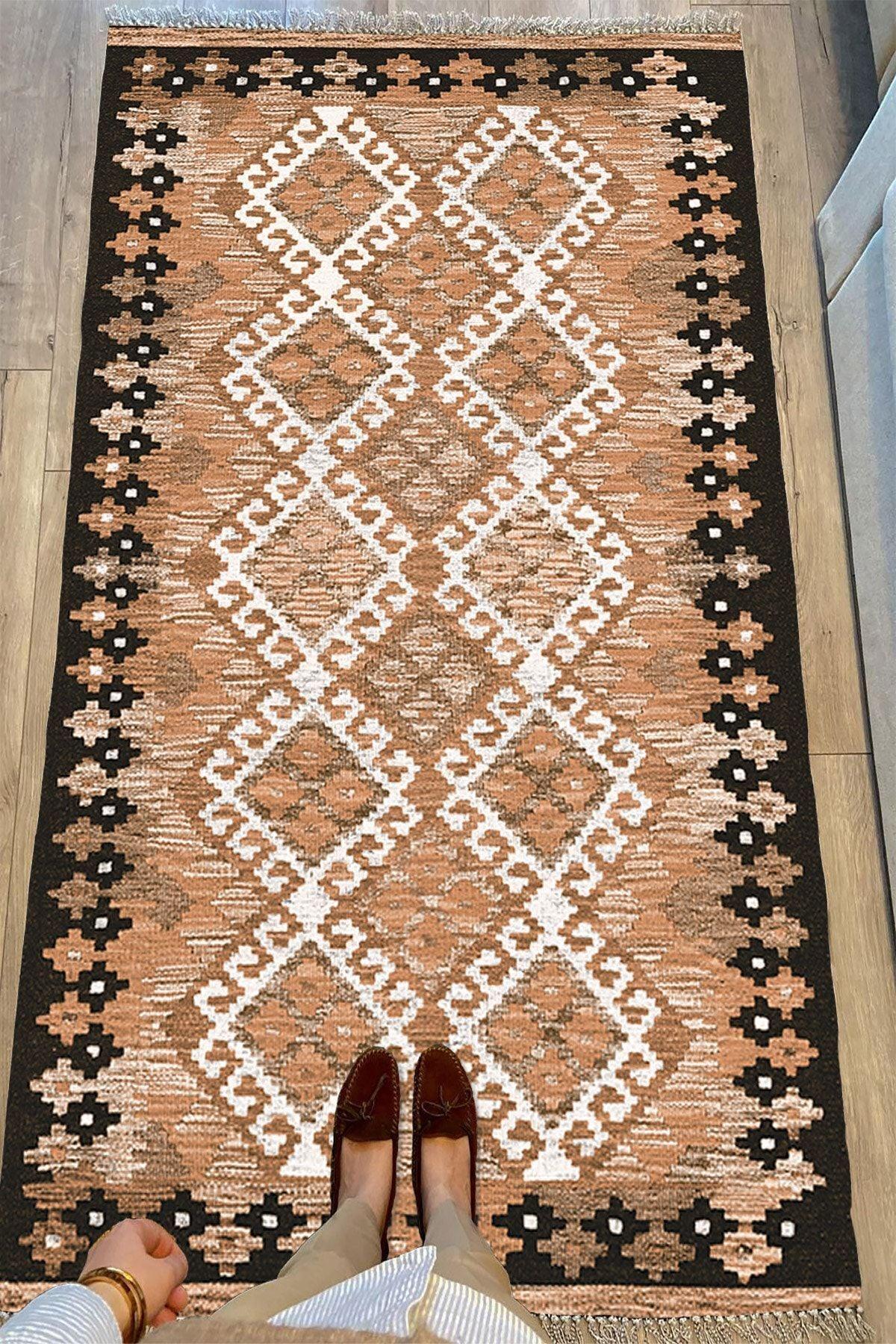 Cotton Serisi Kahve Tonlarında Bordürlü Baklava Eskitme Desen Dekoratif Dokuma Taban Kilim - HALI VAGONU