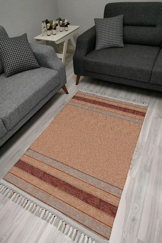 Cotton Serisi Kahve Tonlarında Eskitme Etnik Bördür Desenli Dekoratif Dokuma Taban Kilim - HALI VAGONU