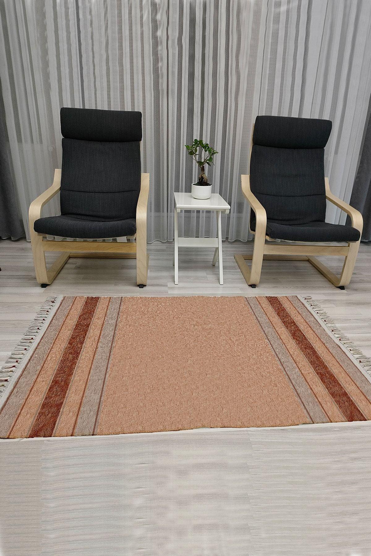 Cotton Serisi Kahve Tonlarında Eskitme Etnik Bördür Desenli Dekoratif Dokuma Taban Kilim - HALI VAGONU