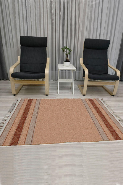 Cotton Serisi Kahve Tonlarında Eskitme Etnik Bördür Desenli Dekoratif Dokuma Taban Kilim - HALI VAGONU