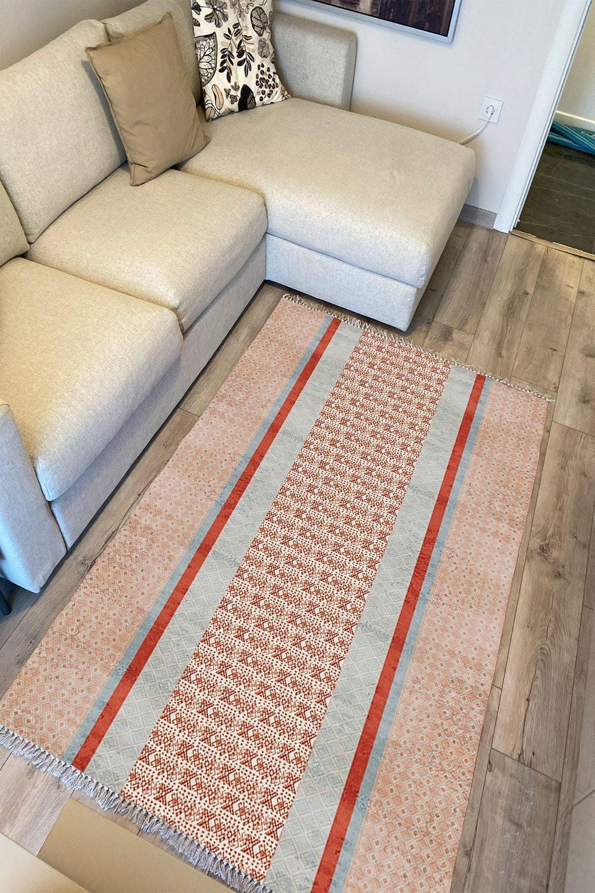 Cotton Serisi Kahve Tonlarında Eskitme Etnik Çizgi Desenli Dekoratif Dokuma Taban Kilim - HALI VAGONU