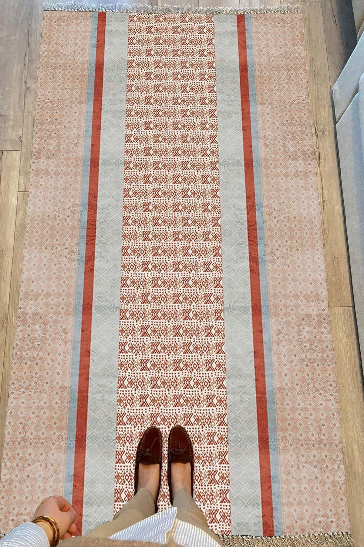 Cotton Serisi Kahve Tonlarında Eskitme Etnik Çizgi Desenli Dekoratif Dokuma Taban Kilim - HALI VAGONU