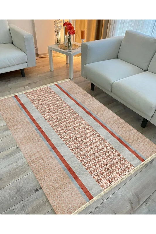 Cotton Serisi Kahve Tonlarında Eskitme Etnik Çizgi Desenli Dekoratif Dokuma Taban Kilim - HALI VAGONU