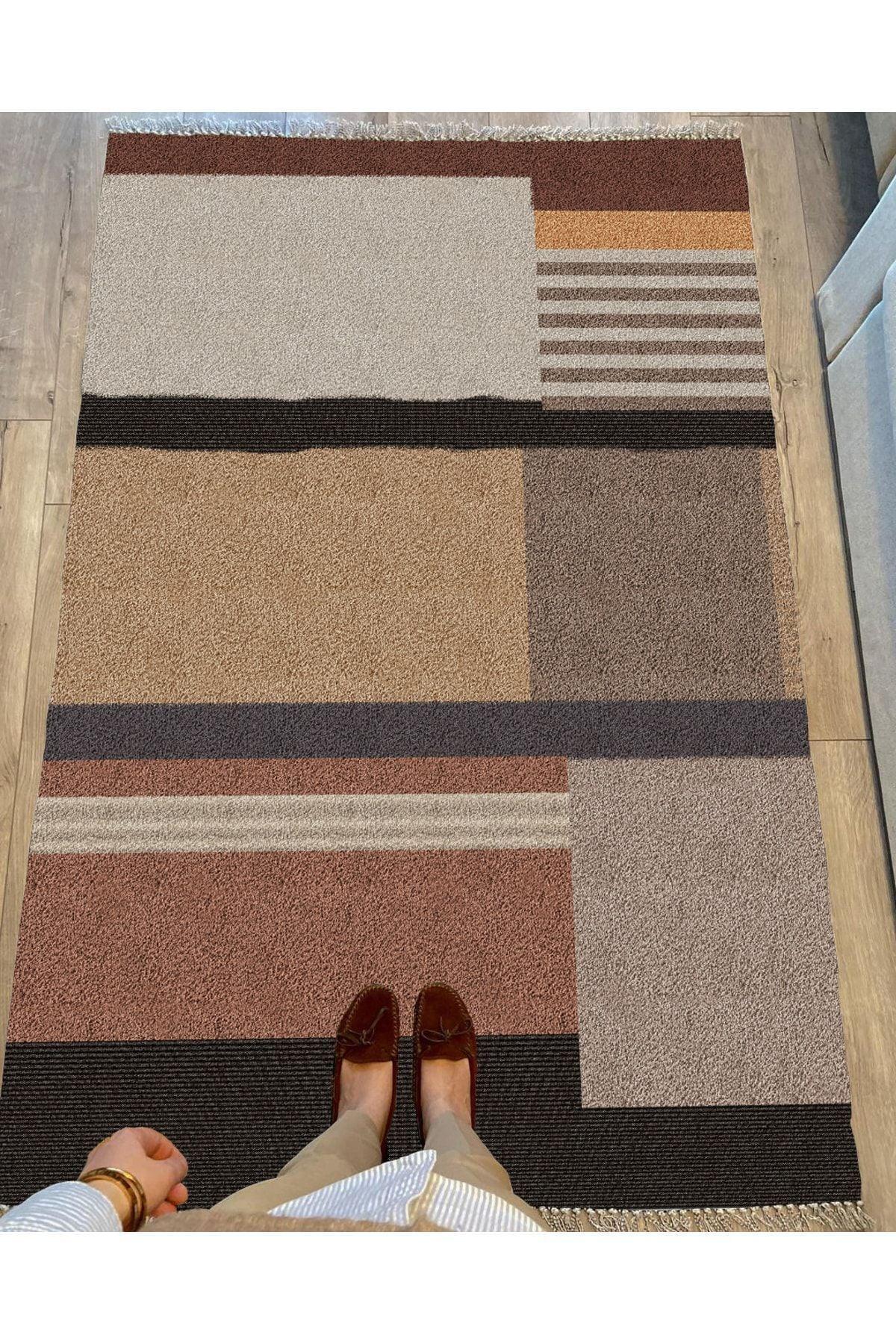 Cotton Serisi Kahve Tonlarında Geometrik Tüylü Görünümlü Modern Desen Dekoratif Dokuma Taban Kilim - HALI VAGONU